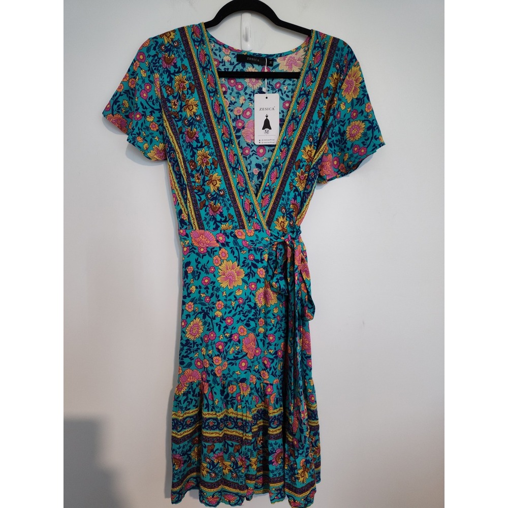ZESICA Women Teal Floral Boho Wrap Mini Dress Short Sleeve Ruffle Hem Medium NWT